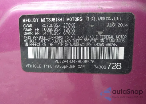 2015 Mitsubishi Mirage Es from USA, damaged, VIN ML32A4HJ4FH008576